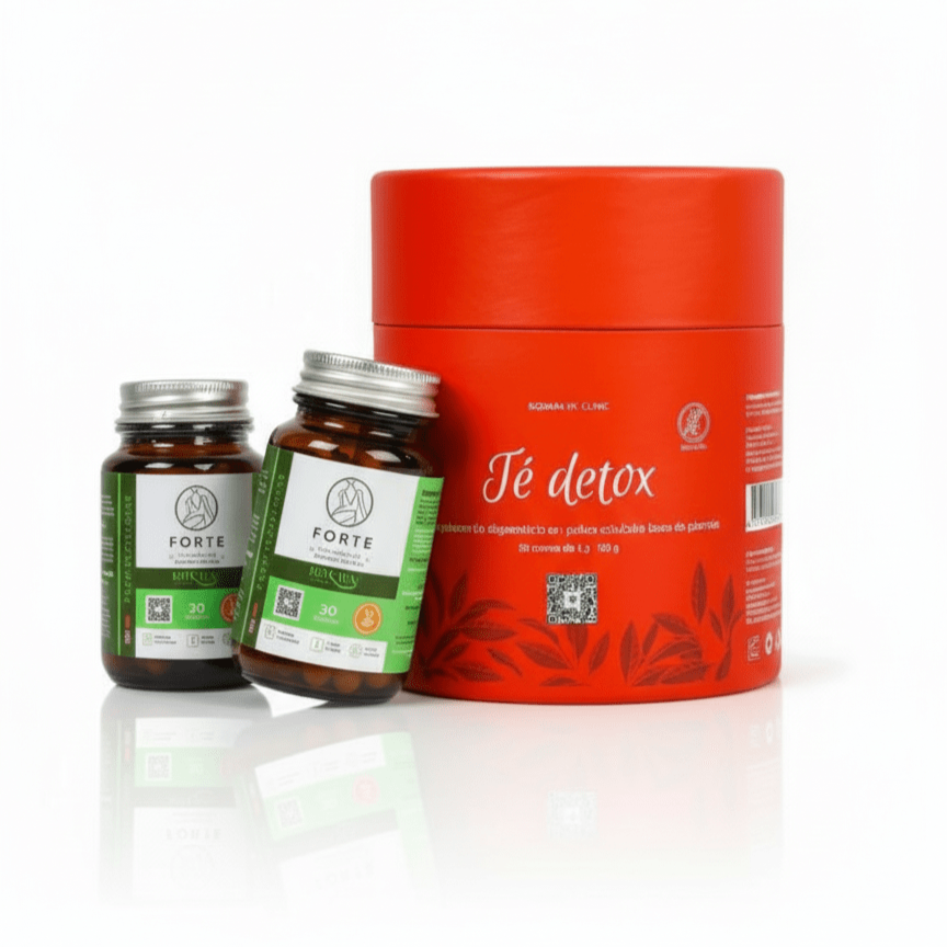 Pack Forte Duo y Té Detox de Soraya By Clinic, pack de productos para el bienestar y la limpieza, cápsulas y té para la transformación corporal, control de apetito y energía con Soraya By Clinic, pack de 3 productos de bienestar de Soraya By Clinic, foto del pack Forte Duo y Té Detox, el dúo de productos de Soraya By Clinic para la rutina diaria, cápsulas y té para una sensación de ligereza.
