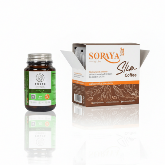 Pack Forte y Slim Coffee de Soraya By Clinic, pack de productos para la gestión del bienestar, cápsulas y café para la transformación corporal, control de apetito y energía con Soraya By Clinic, pack de 2 productos de bienestar de Soraya By Clinic, foto del pack Forte y Slim Coffee, el dúo de productos de Soraya By Clinic para la rutina diaria, cápsulas y café para la sensación de ligereza.
