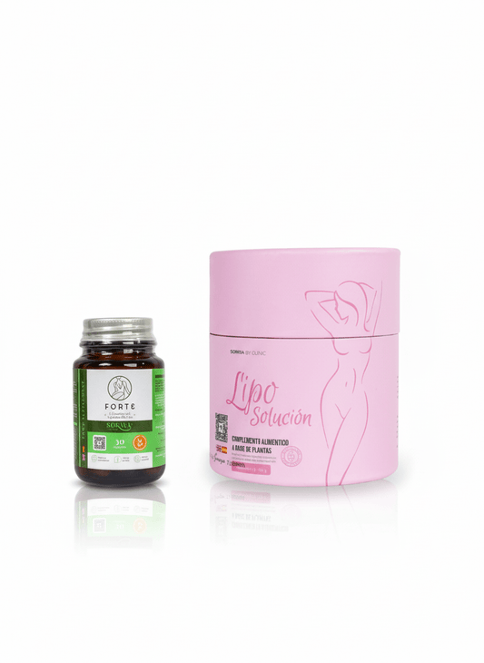 Pack Forte y LipoSolución de Soraya By Clinic, pack de productos para la figura definida, cápsulas y sobres efervescentes para la transformación corporal, control de apetito y eliminación de líquidos con Soraya By Clinic, pack de 2 productos de bienestar de Soraya By Clinic, foto del pack Forte y LipoSolución, el dúo de productos de Soraya By Clinic para la rutina diaria, cápsulas y sobres para una sensación de ligereza.