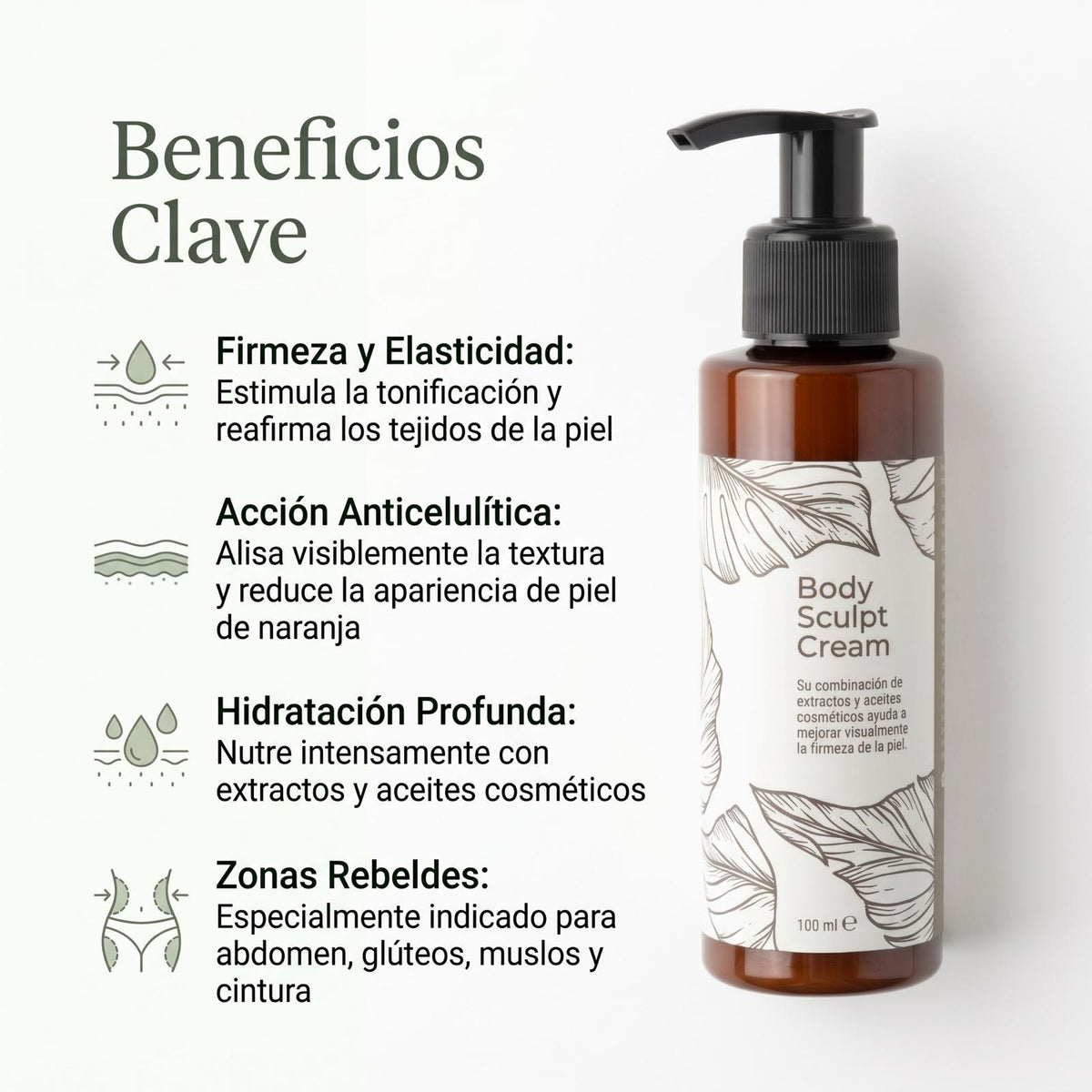 Body Sculpt Cream
- Reafirmante Abdomen  
 Glúteos  
 Muslos  
 Piernas  
 Cintura