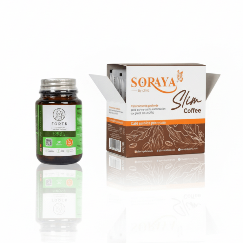Pack Forte y Slim Coffee de Soraya By Clinic, pack de productos para la gestión del bienestar, cápsulas y café para la transformación corporal, control de apetito y energía con Soraya By Clinic, pack de 2 productos de bienestar de Soraya By Clinic, foto del pack Forte y Slim Coffee, el dúo de productos de Soraya By Clinic para la rutina diaria, cápsulas y café para la sensación de ligereza.