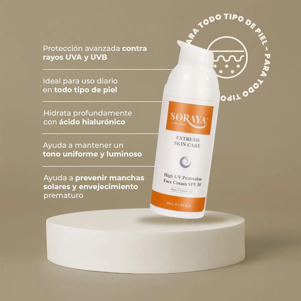 Protector Solar Facial FPS50+, textura ligera de rápida absorción, Soraya by Clinic