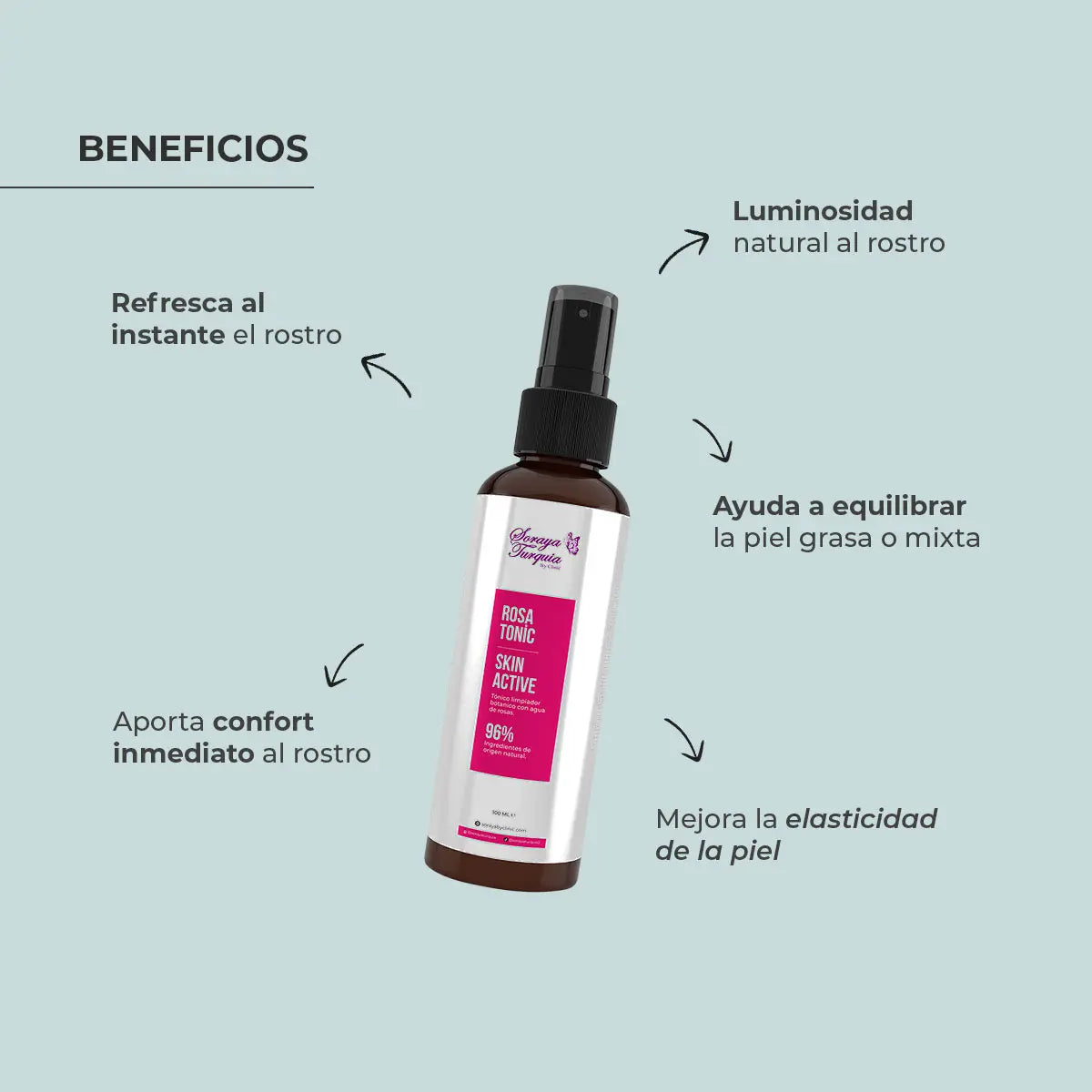Rosa Tonic con 96% de ingredientes de origen natural, Soraya by Clinic