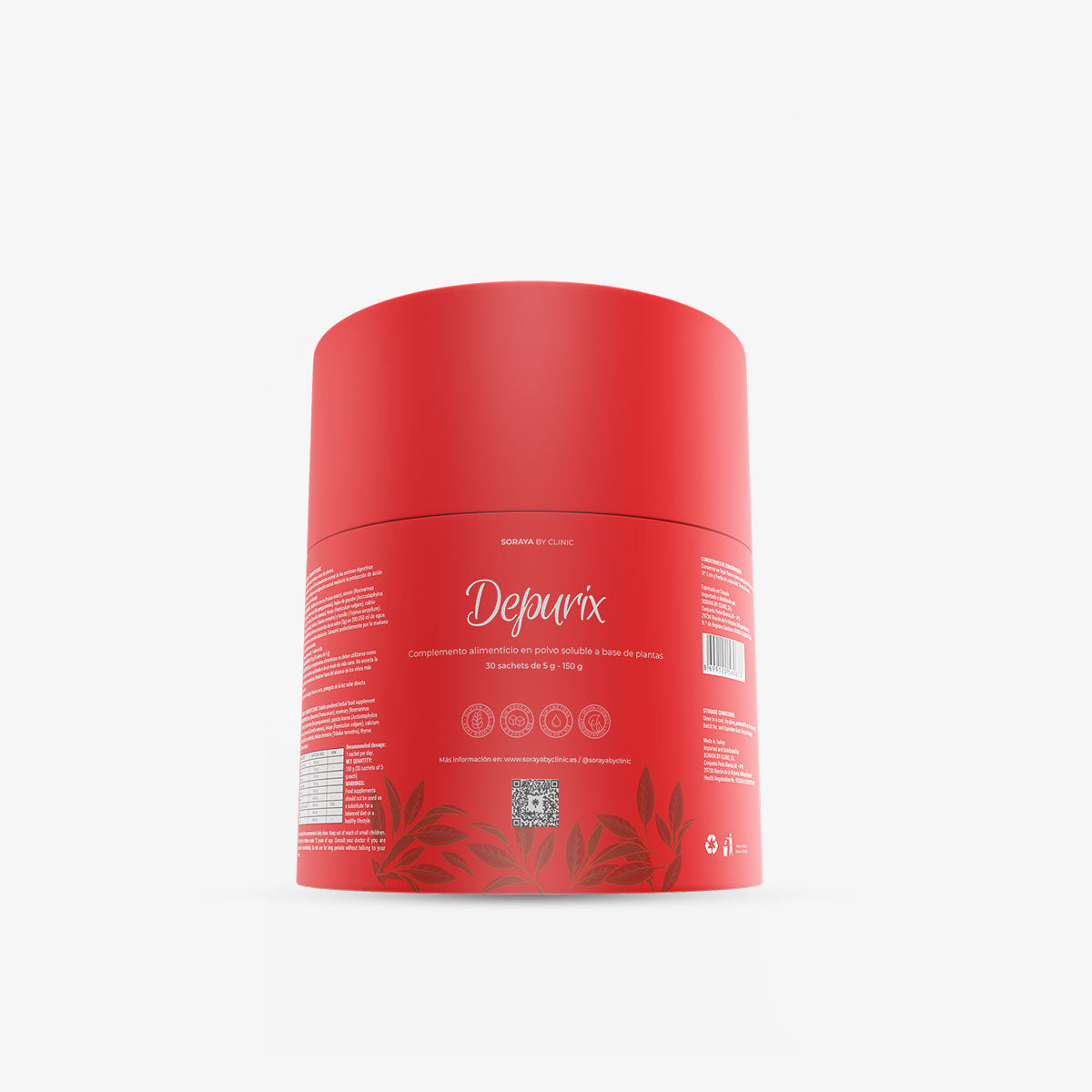 Envase de Depurix, complemento alimenticio en polvo soluble a base de plantas, Soraya by Clinic