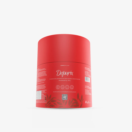 Envase de Depurix, complemento alimenticio en polvo soluble a base de plantas, Soraya by Clinic