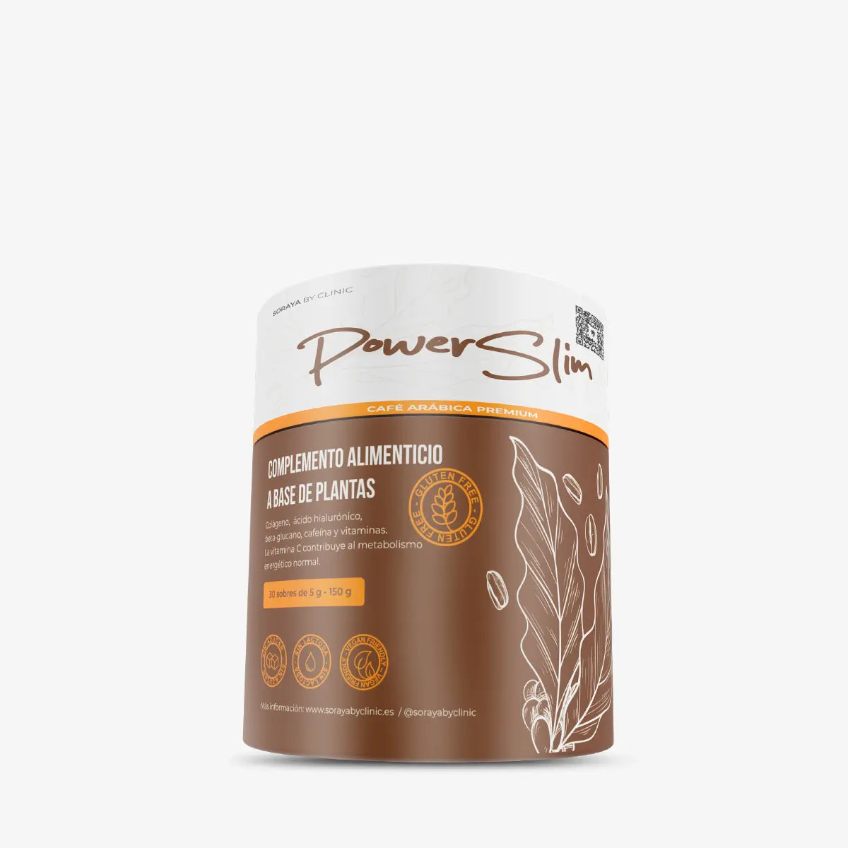 Envase de PowerSlim, café premium complemento alimenticio con colágeno y cafeína, Soraya by Clinic